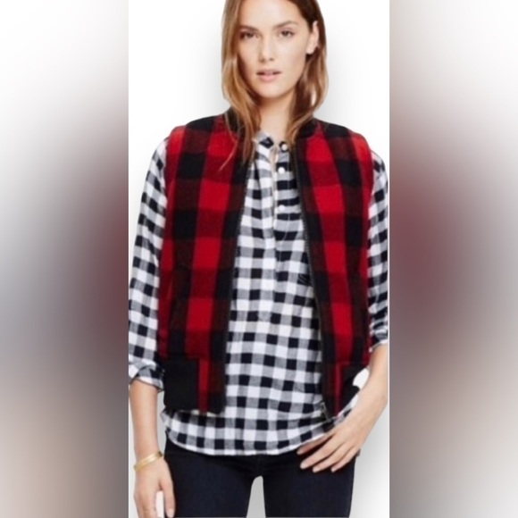 MADEWELL | Black & Red Wool Buffalo Plaid Sherpa Lined Vest | Size Small - Picture 2 of 12